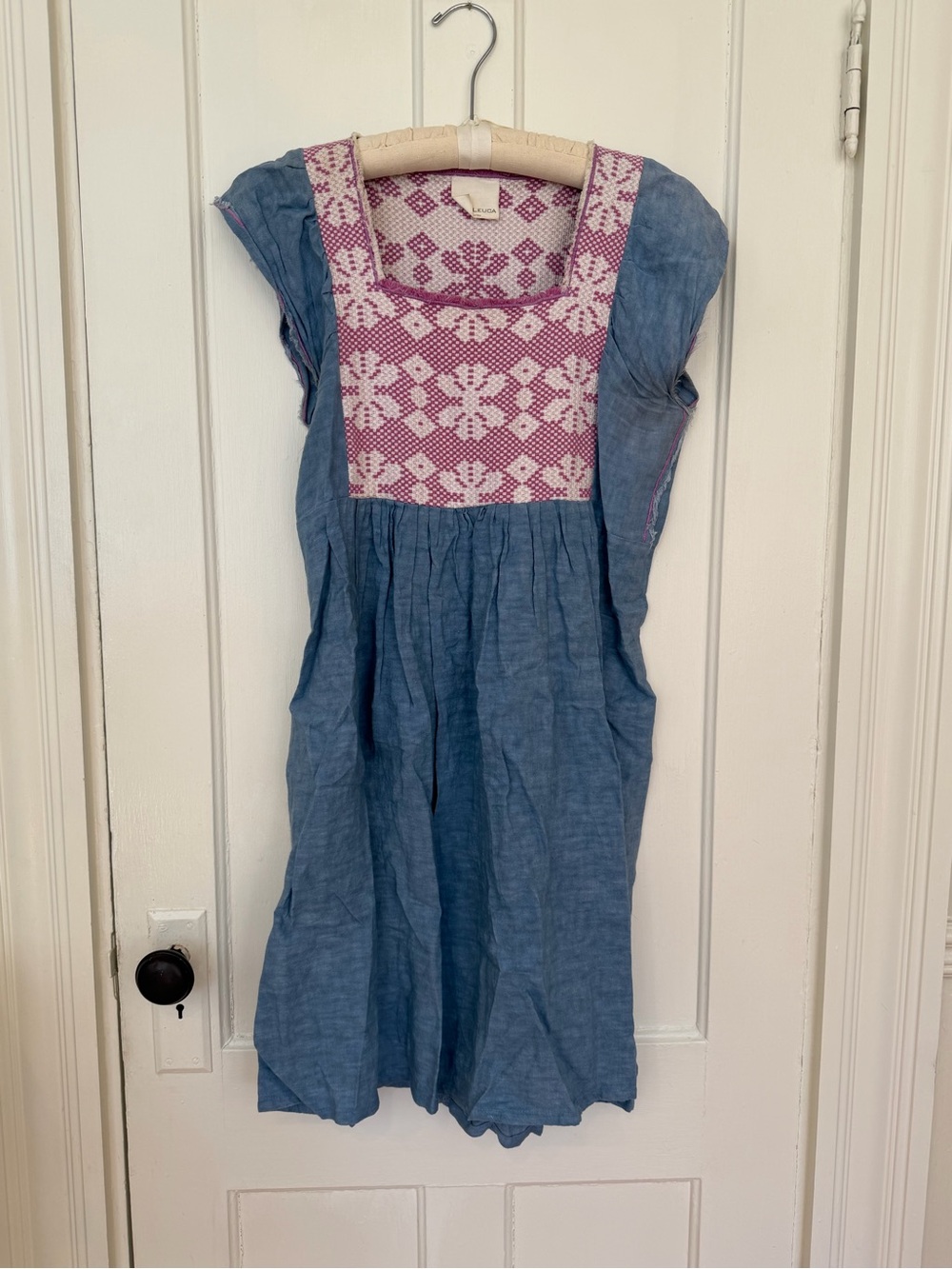 Dark Blue Linen & Cotton Women's Dress with Purple Embroidery